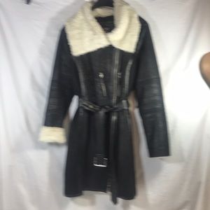 Vince Camuto faux leather, lined fleece and belted. Zipper front.